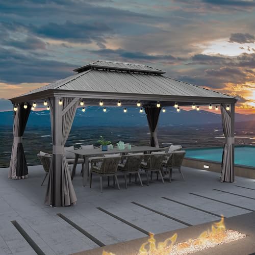 10' x 14' Permanent Hardtop Gazebo with Galvanized Steel Double Roof, Curtains and Netting Included M871