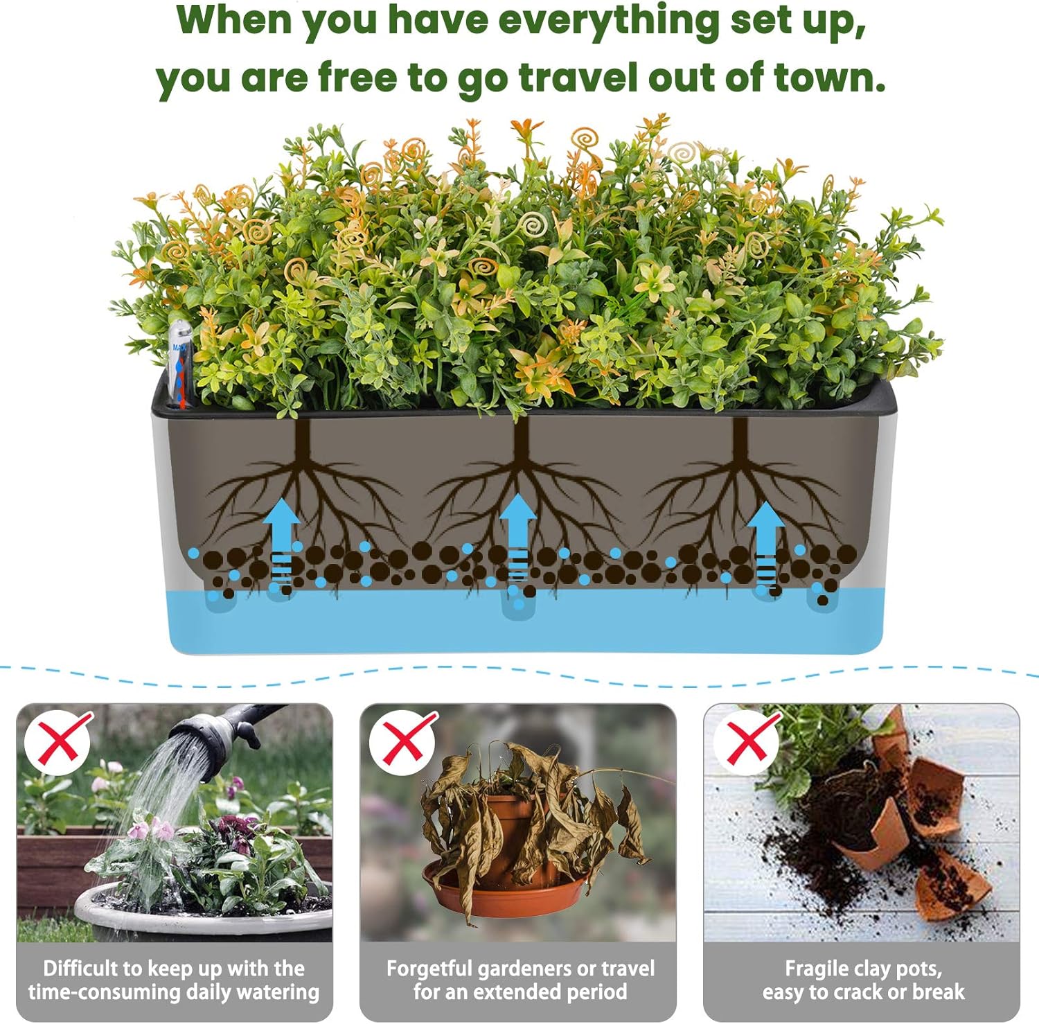 Self-Watering Rectangular Planters for Indoor Plants, 2-Pack D42200