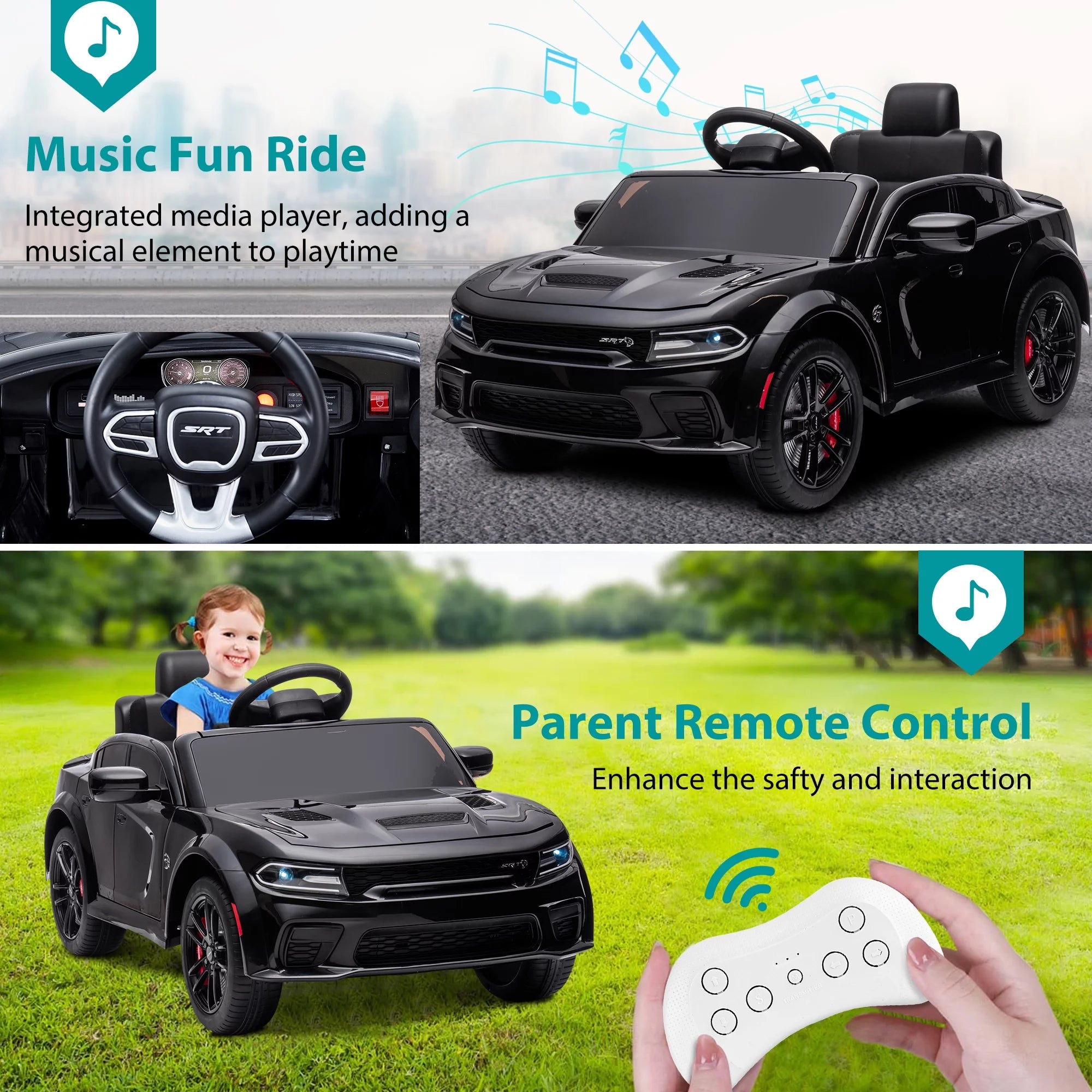 12V Black Dodge Charger Ride On Car with Remote Control, Kids Electric Toy with Bluetooth and LED Light N9460