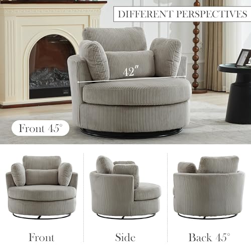 Oversized Swivel Barrel Chair with Ottoman, Chenille, Beige M813