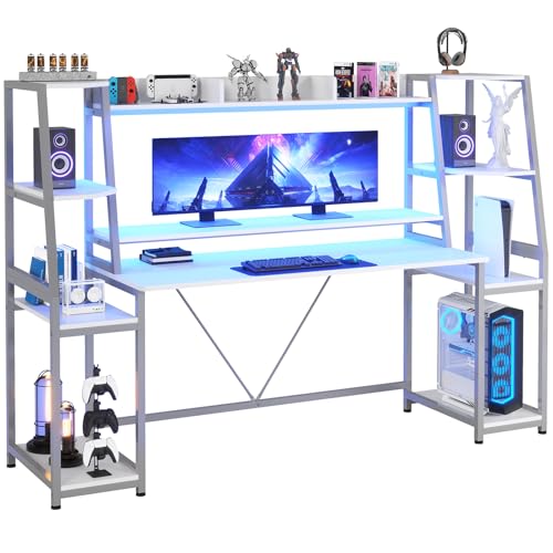 Gaming Desk with LED Lights, Hutch and Storage Shelves, Black O742