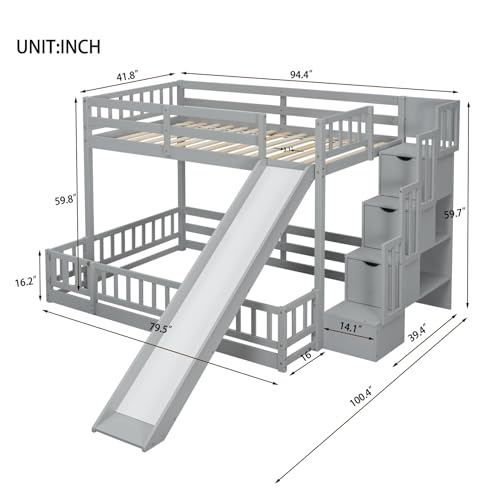 Twin Over Full Size Wooden Bunk Bed with Slide and Storage Stairs N394