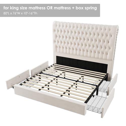 Velvet Upholstered King Bed Frame with Tall Headboard and Storage Drawers V8658