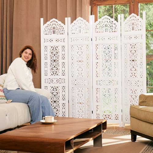 Wood Carved Room Divider 4 Panel Folding Partition Screen X503933