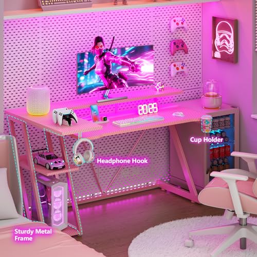 L Shaped Gaming Desk with Power Outlet and LED Lights Y52619
