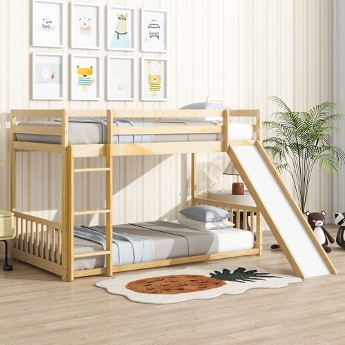 Twin Over Full Size Wooden Bunk Bed with Slide and Storage Stairs N394