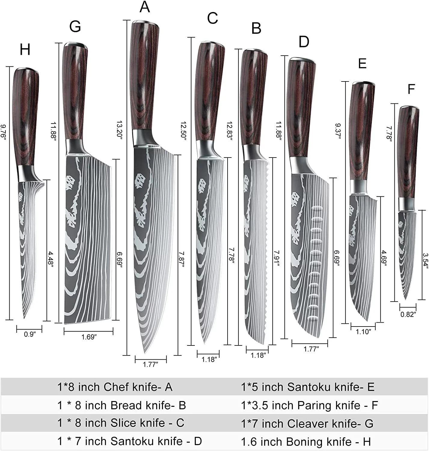 8 Piece Kitchen Chef Knife Set, 3.5-8 Inch, 440A Stainless Steel O36167