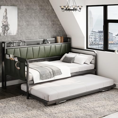Daybed with Trundle Bed, Twin Bed Frame with Storage Headboard and Charging Station, Grey S3738