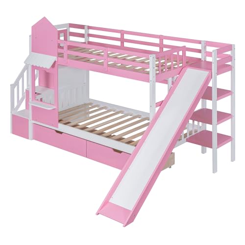 Kids Bunk Bed with Stairs and Slide, Twin Over Twin, Gray O540