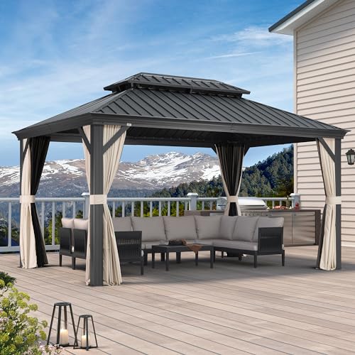 10' x 14' Permanent Hardtop Gazebo with Galvanized Steel Double Roof, Curtains and Netting Included M871