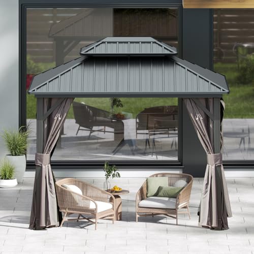 10 x 10 ft Hardtop Gazebo with Netting and Curtains, Galvanized Steel Roof for Patio K80436