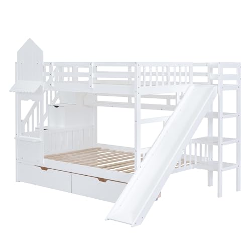 Twin Over Twin Bunk Bed with Stairs and Slide, Solid Wood Frame with Storage B8483