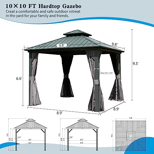 10 x 10 ft Hardtop Gazebo with Netting and Curtains, Galvanized Steel Roof for Patio K80436