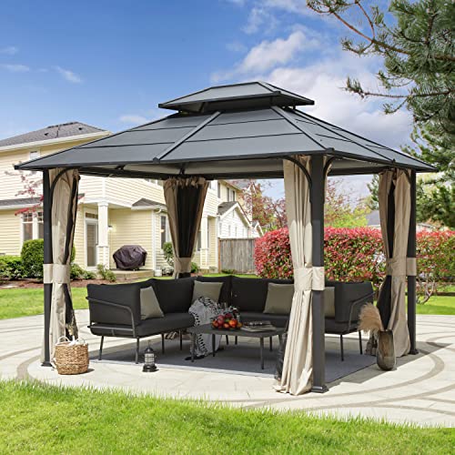 12x20 ft Hardtop Gazebo Double Roof Galvanized Steel Canopy Outdoor Aluminum Frame with Netting and Curtains X191579