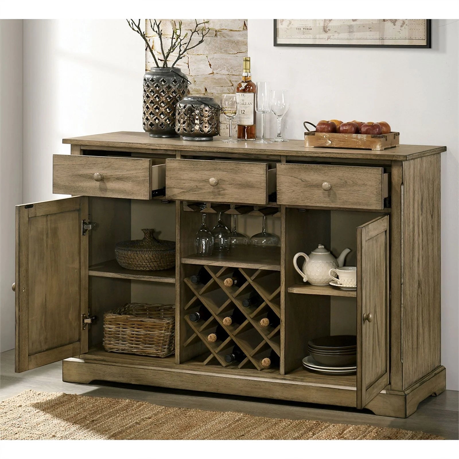 Rustic Wood Server with Wine Rack in Light Brown V47229