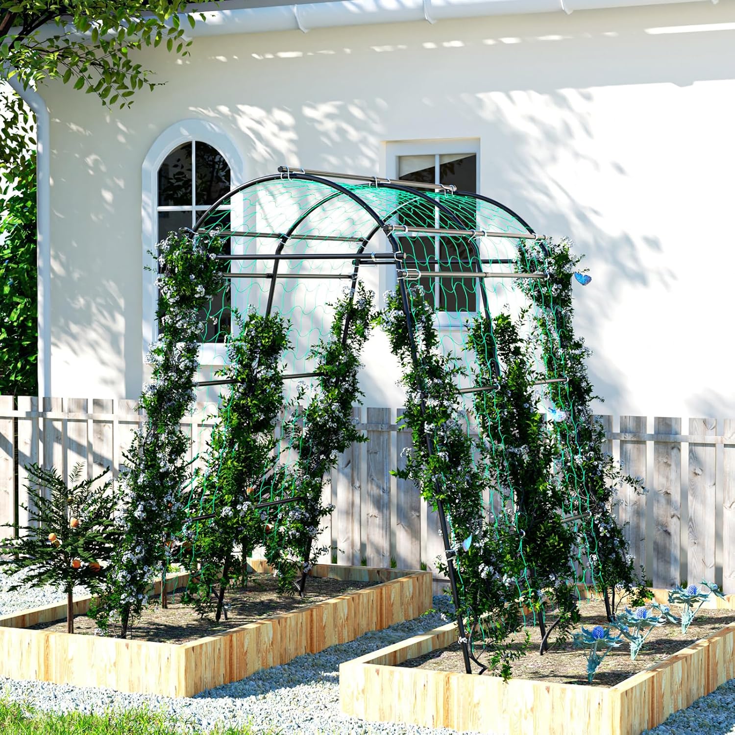 Garden Arch Trellis for Climbing Plants Outdoor, 7 Ft Tall Metal Archway with Nylon Net G610