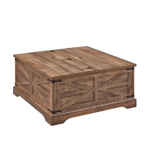 Farmhouse Lift Top Coffee Table with Storage, 36" Wood Square Center Table, Light Brown V399
