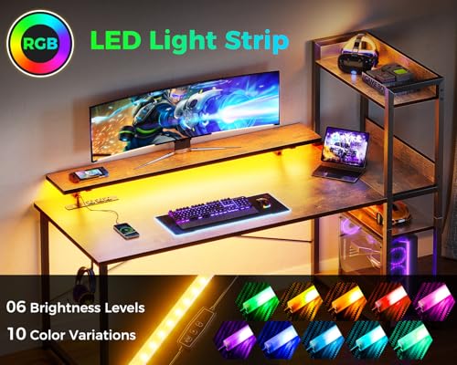 Reversible Gaming Desk with USB Charging Port and LED Lights, 40 Inch Computer Desk with Storage Shelves M571
