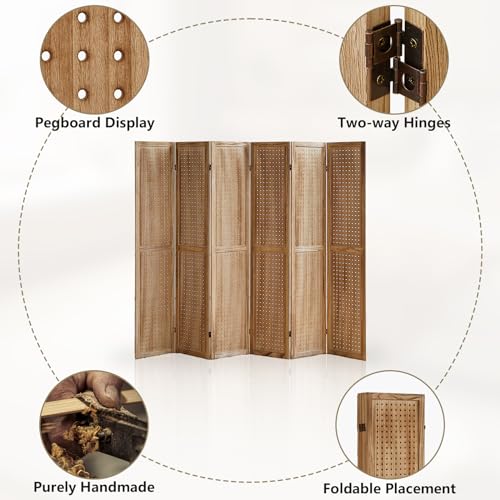 Wooden Pegboard Room Divider with Folding Privacy Screen, 5.6Ft, Light Brown D937870