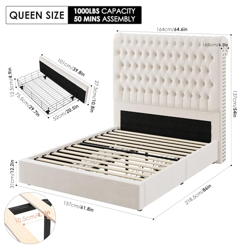 Velvet Upholstered King Bed Frame with Tall Headboard and Storage Drawers V8658