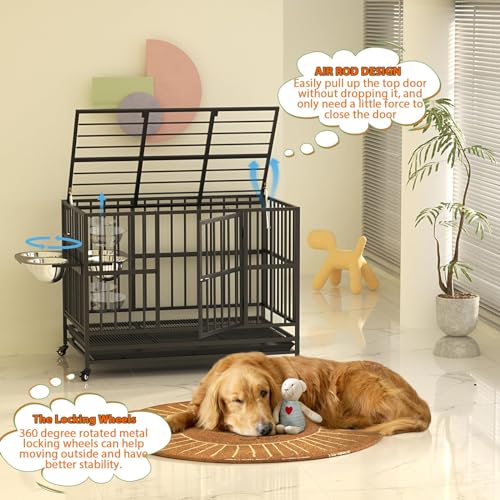 48" Heavy-Duty Dog Crate with Wheels, Air-Lift Top, Dual Adjustable Bowls V62929