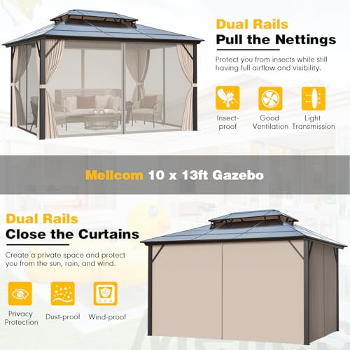 10x13 Hardtop Gazebo with Polycarbonate Double Roof, Aluminum Frame, Curtains and Netting S2701