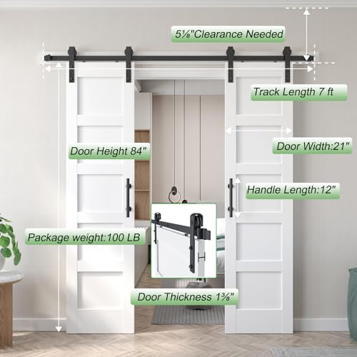 Double 21x84in White Barn Door with 7FT Sliding Hardware Kit, MDF, PVC Surface, DIY Assembly R60322