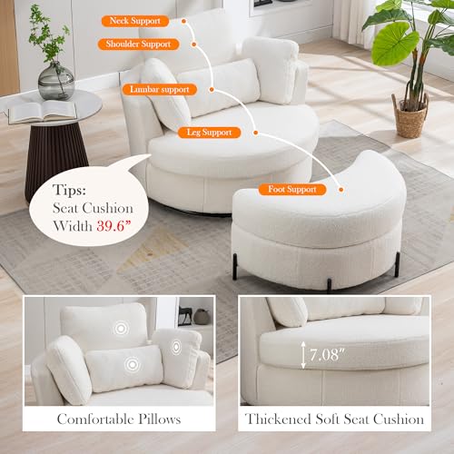 Oversized Swivel Barrel Chair with Ottoman, Chenille, Beige M813
