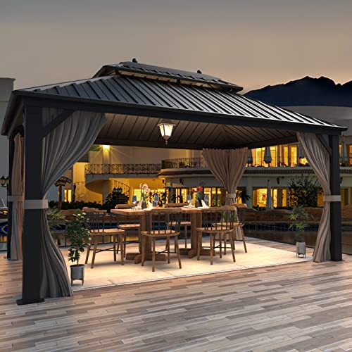 10x13 Hardtop Gazebo with Polycarbonate Double Roof, Aluminum Frame, Curtains and Netting S2701