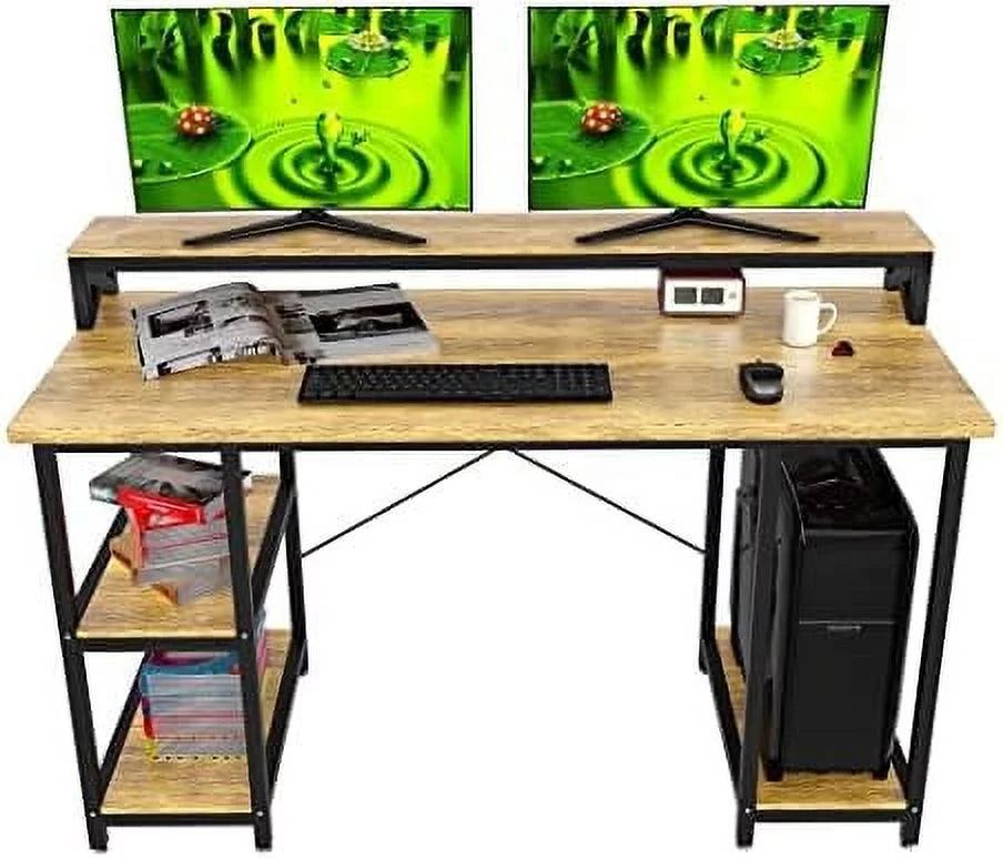 Industrial Computer Desk with Monitor Shelf, 55 Inch, Walnut and Black O381
