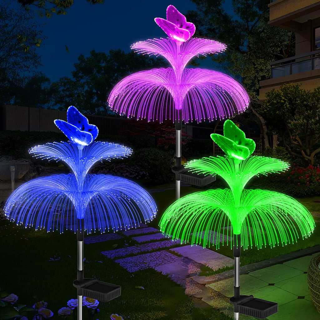 Solar Garden Lights Waterproof Newest Solar Outdoor Lights Decorative 7 Color Changing Double Jellyfish and Butterfly Solar Flower Lights for Christmas Pool Outdoor Yard Garden Decor,3 Pack