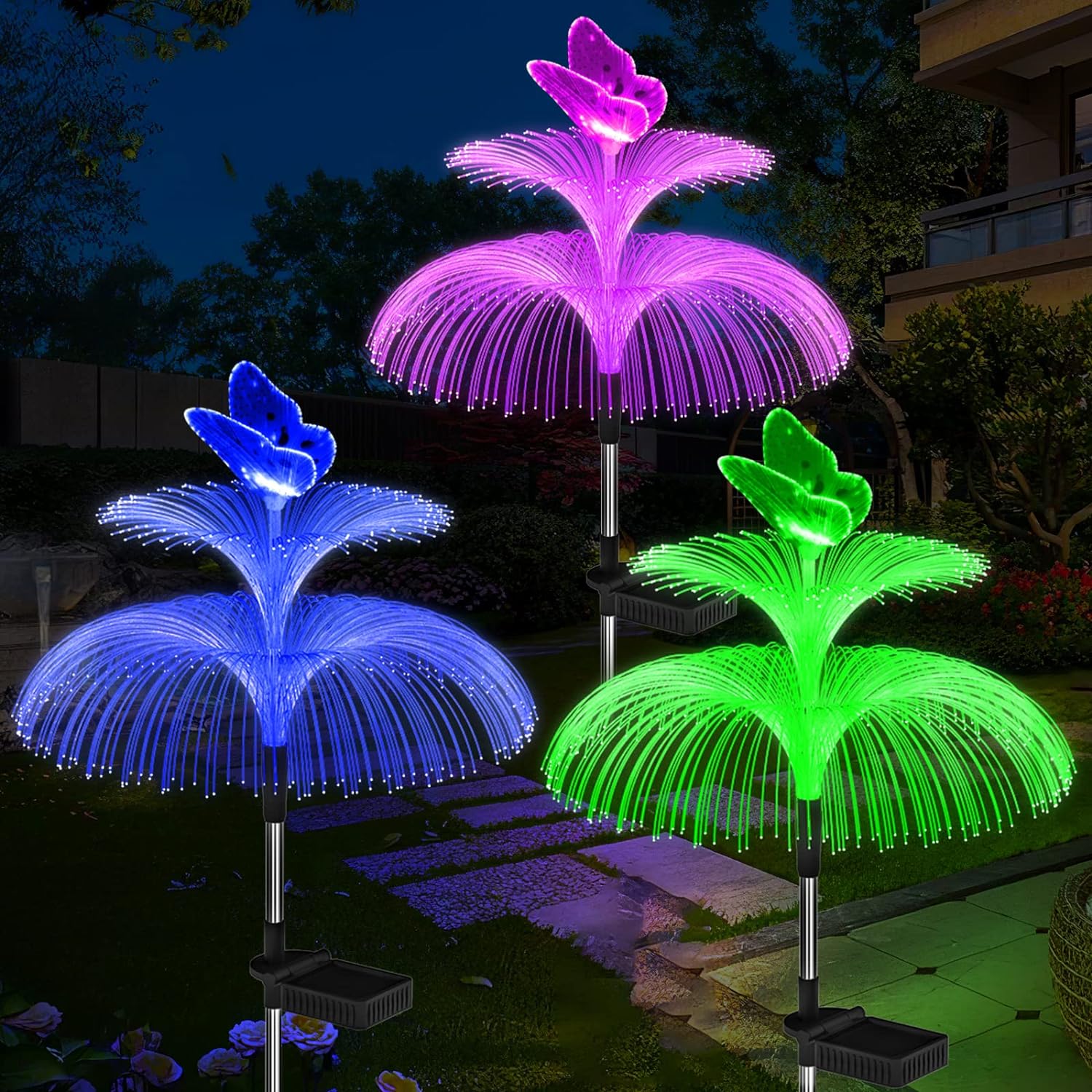 Solar Garden Lights Waterproof Newest Solar Outdoor Lights Decorative 7 Color Changing Double Jellyfish and Butterfly Solar Flower Lights for Christmas Pool Outdoor Yard Garden Decor,3 Pack