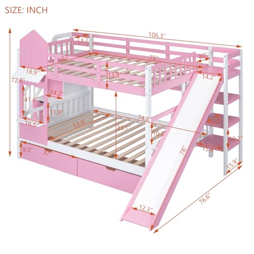 Kids Bunk Bed with Stairs and Slide, Twin Over Twin, Gray O540