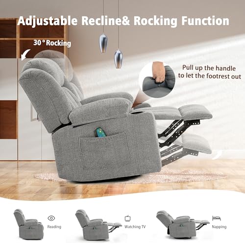 Swivel Recliner Chair with Massage and Heat, Fabric Upholstery, Lime Gray Y550941