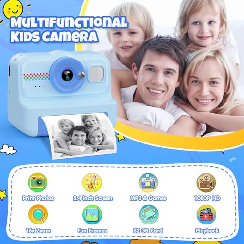 Kids Instant Print Camera 1080P HD with 3 Rolls Paper & 32GB Card U8422