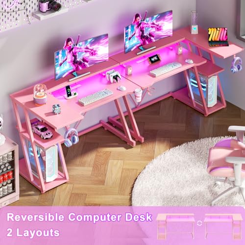 L Shaped Gaming Desk with Power Outlet and LED Lights Y52619
