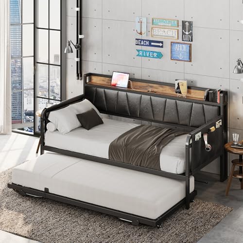 Daybed with Trundle Bed, Twin Bed Frame with Storage Headboard and Charging Station, Grey S3738