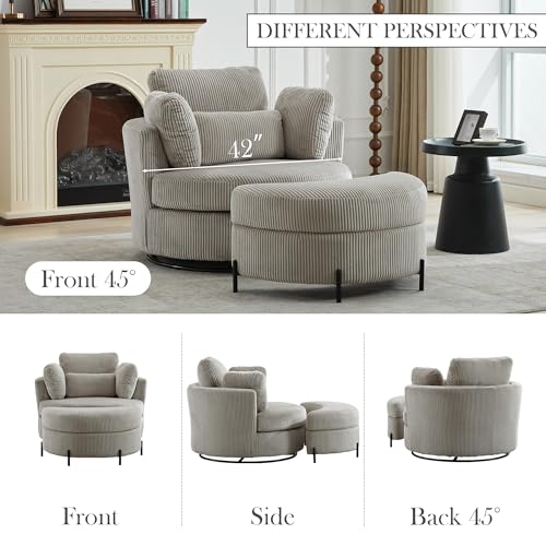 Oversized Swivel Barrel Chair with Ottoman, Chenille, Beige M813