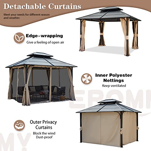 12x20 ft Hardtop Gazebo Double Roof Galvanized Steel Canopy Outdoor Aluminum Frame with Netting and Curtains X191579