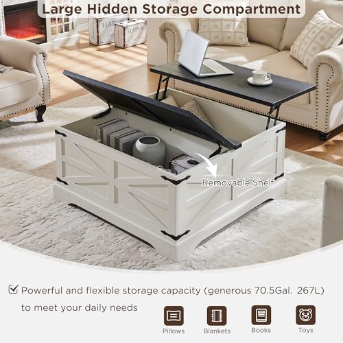 Farmhouse Lift Top Coffee Table with Storage, 36" Wood Square Center Table, Light Brown V399