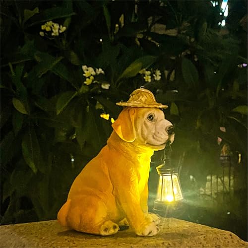 Resin Dog Statue with Straw Hat and Solar Lantern for Garden Yard Decor M4436