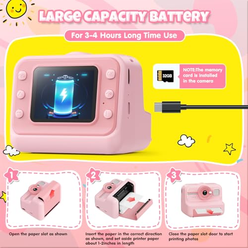 Kids Instant Print Camera 1080P HD with 3 Rolls Paper & 32GB Card U8422
