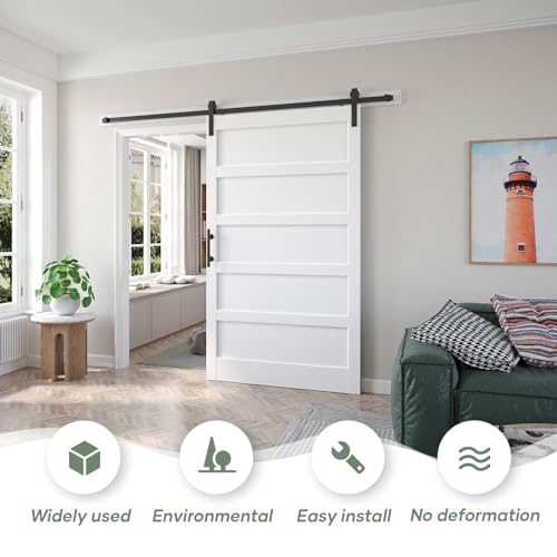 Double 21x84in White Barn Door with 7FT Sliding Hardware Kit, MDF, PVC Surface, DIY Assembly R60322