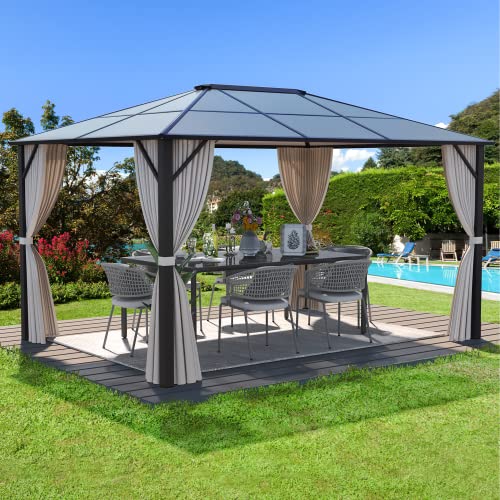 10x13 Hardtop Gazebo with Polycarbonate Double Roof, Aluminum Frame, Curtains and Netting S2701