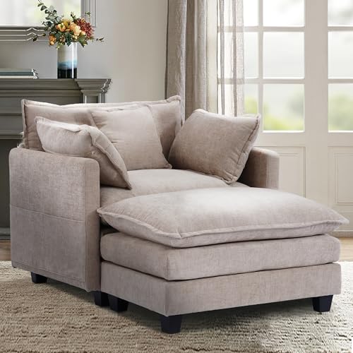 Chenille Lounge Chair with Ottoman, Beige, 1-Seat R52165