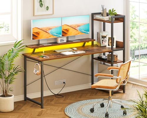 Reversible Gaming Desk with USB Charging Port and LED Lights, 40 Inch Computer Desk with Storage Shelves M571