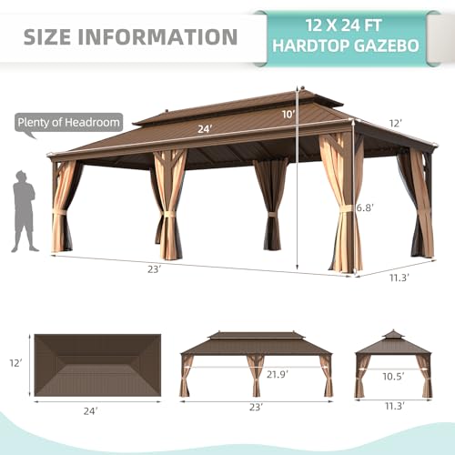 12x16 ft Hardtop Gazebo with Double Roof, Curtains and Netting T94173