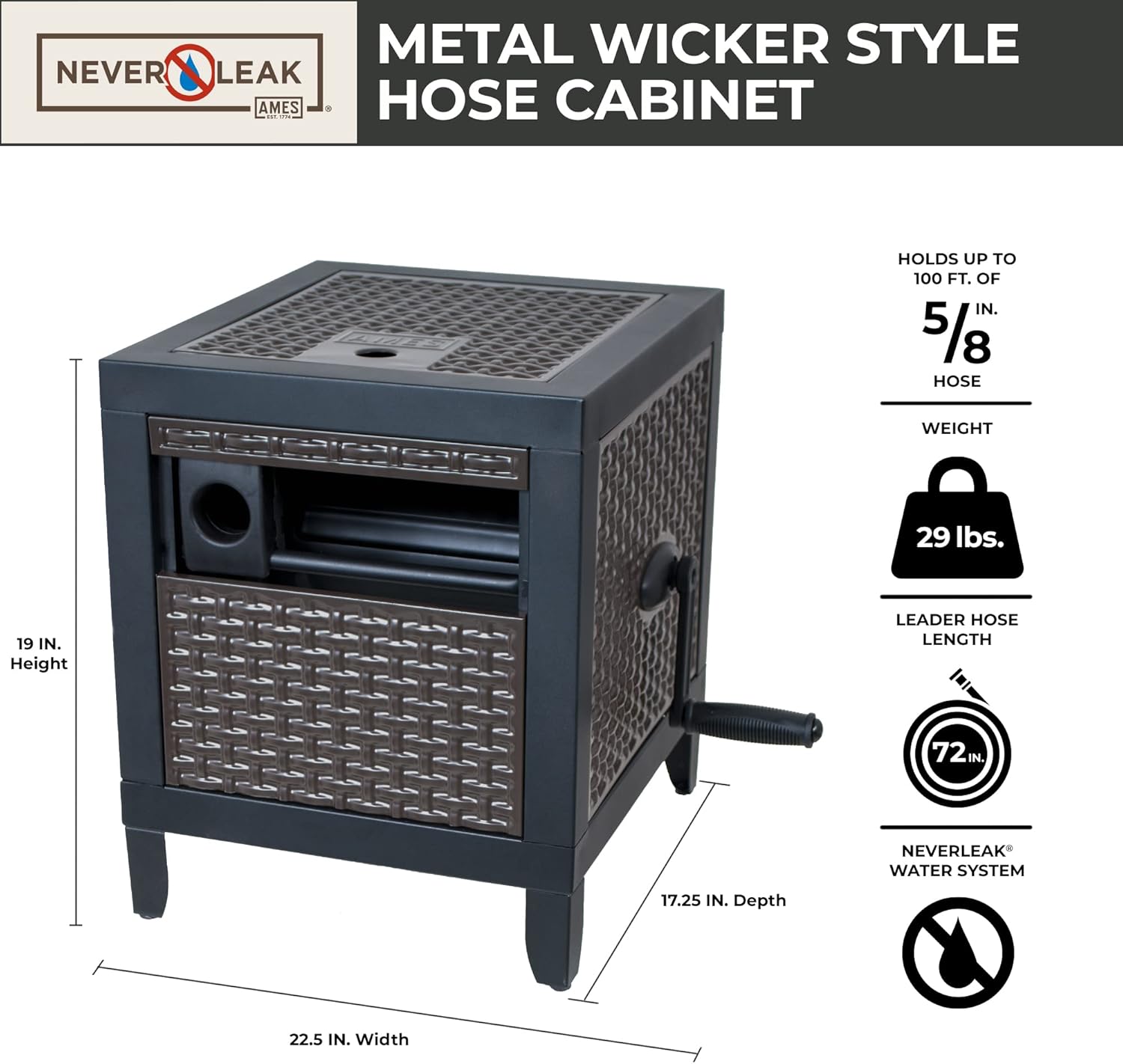 Hose Reel Cabinet Box, 100 Ft Capacity, Wicker Look, Auto Track Rewinding, Black Metal E465231