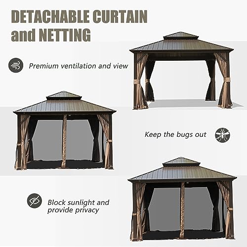 10 x 10 ft Hardtop Gazebo with Netting and Curtains, Galvanized Steel Roof for Patio K80436