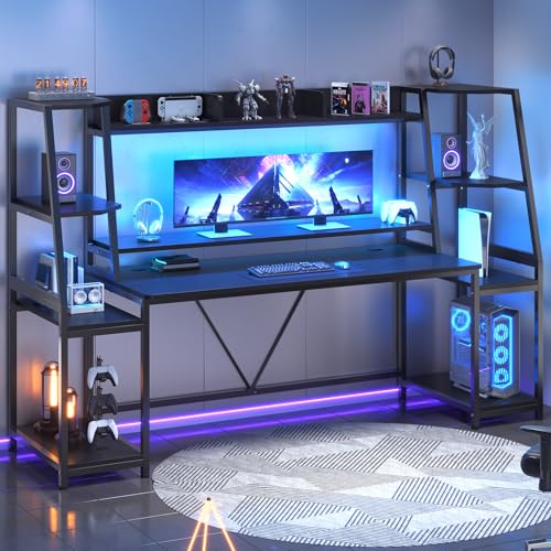 Gaming Desk with LED Lights, Hutch and Storage Shelves, Black O742